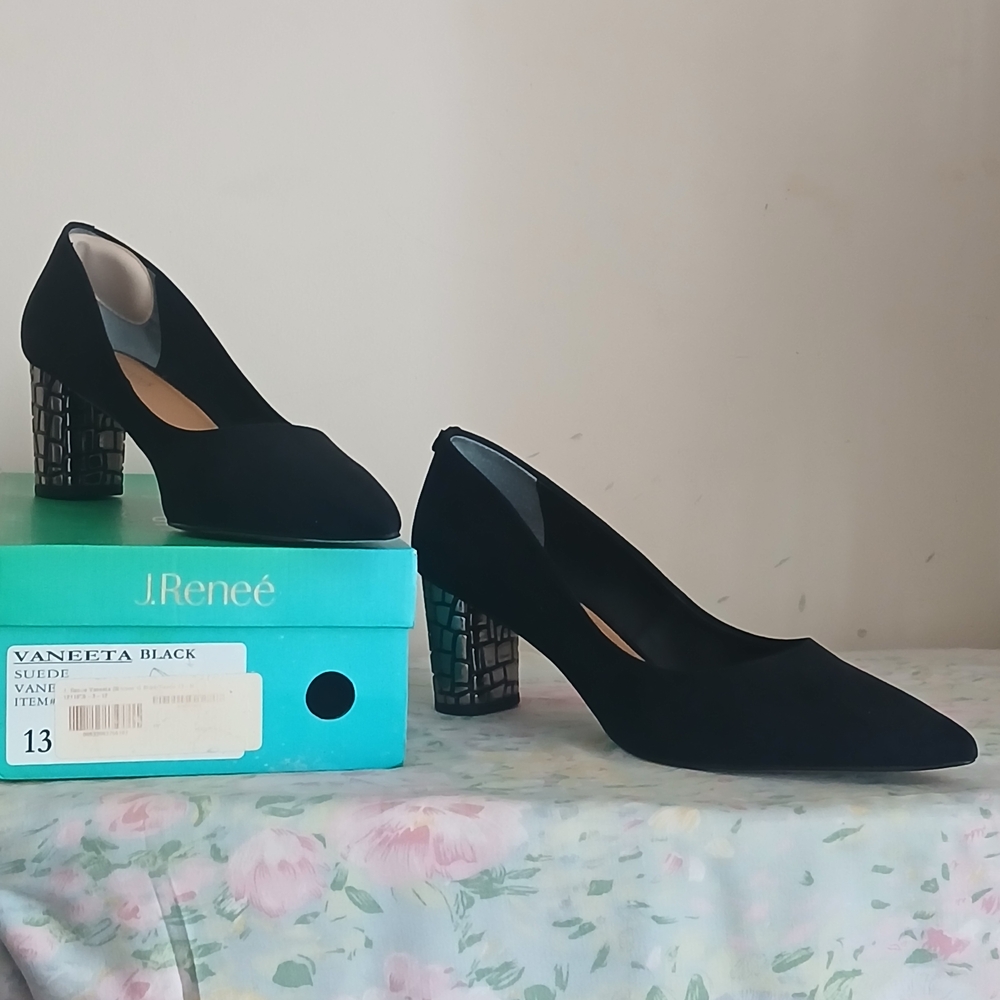 J.Renee Black Suede Heels with Patterned Block Heel